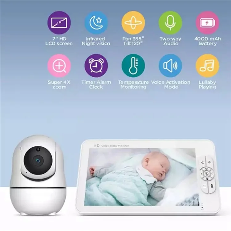 SM70PTZ Moniteur bébé numérique sans fil de 7 pouces avec vision nocturne, surveillance de la température et caméra de sécurité avec communication bidirectionnelle - Prise européenne