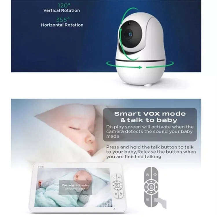 SM70PTZ Moniteur bébé numérique sans fil de 7 pouces avec vision nocturne, surveillance de la température et caméra de sécurité avec communication bidirectionnelle - Prise européenne