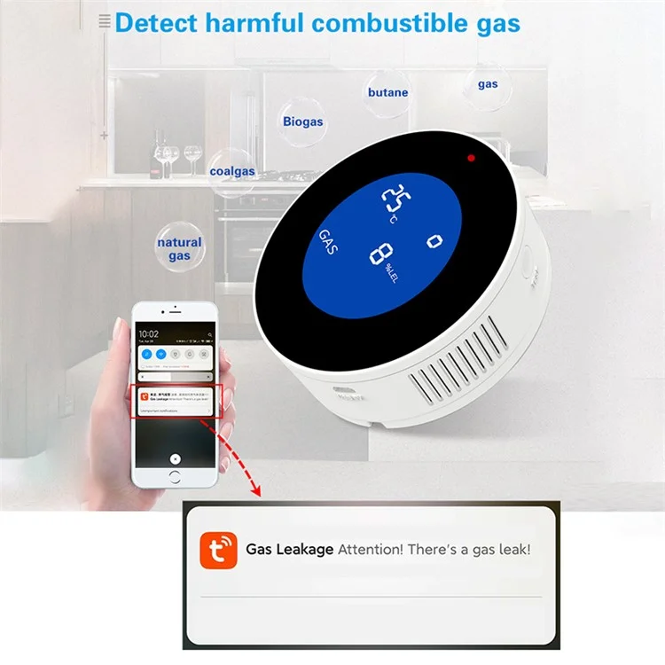 Sensor de Vazamento de Gás Inteligente Tuya WiFi APP Control - Plugue do Reino Unido