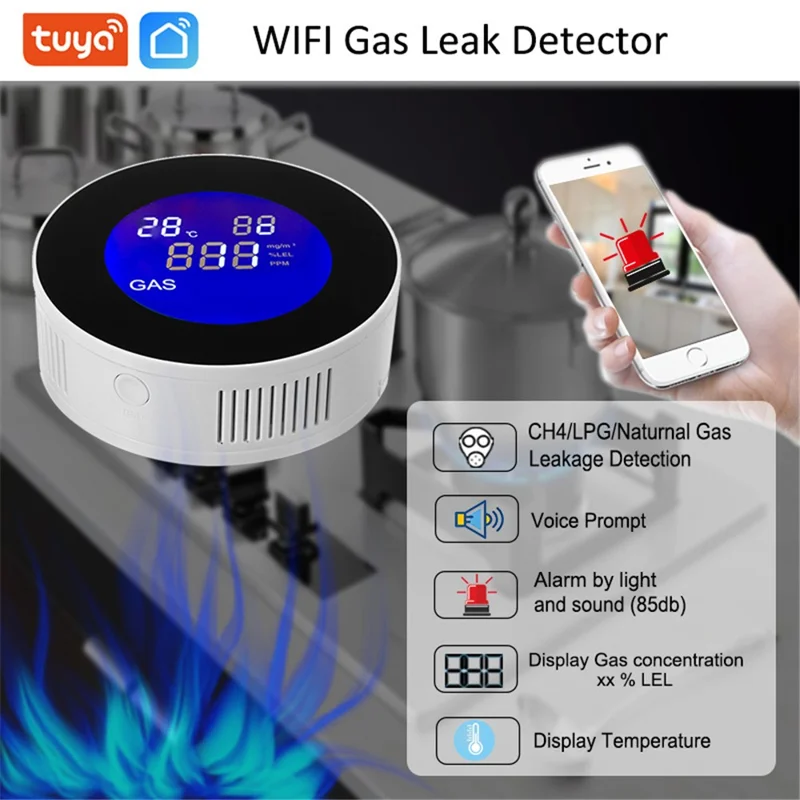 Tuya WiFi Smart APP Control Gas Leak Alarm Sensor CH4 / LPG / Natural Gas Leakage Detector - AU Plug