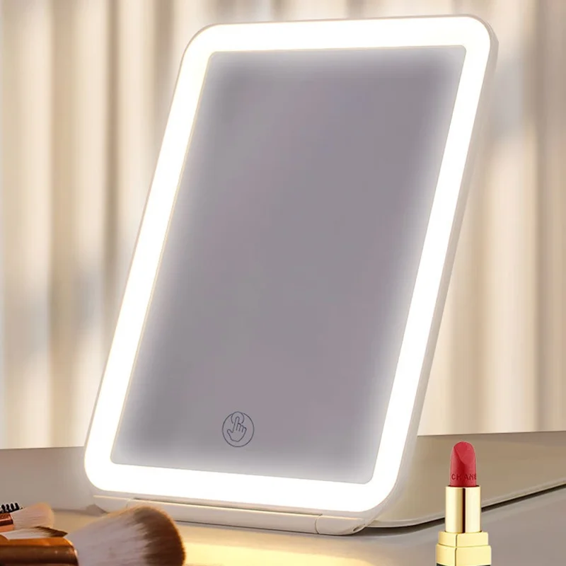 Portable Folding Mirror 3 Colors LED Mirror for Dressing Table Dimmable Cosmetic Mirror - Pink