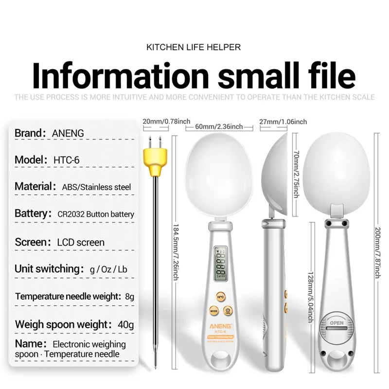 ANENG 2-in-1 ABS+Stainless Steel Digital Display Electronic Kitchen Thermometer Food Weight Measuring Spoon - White