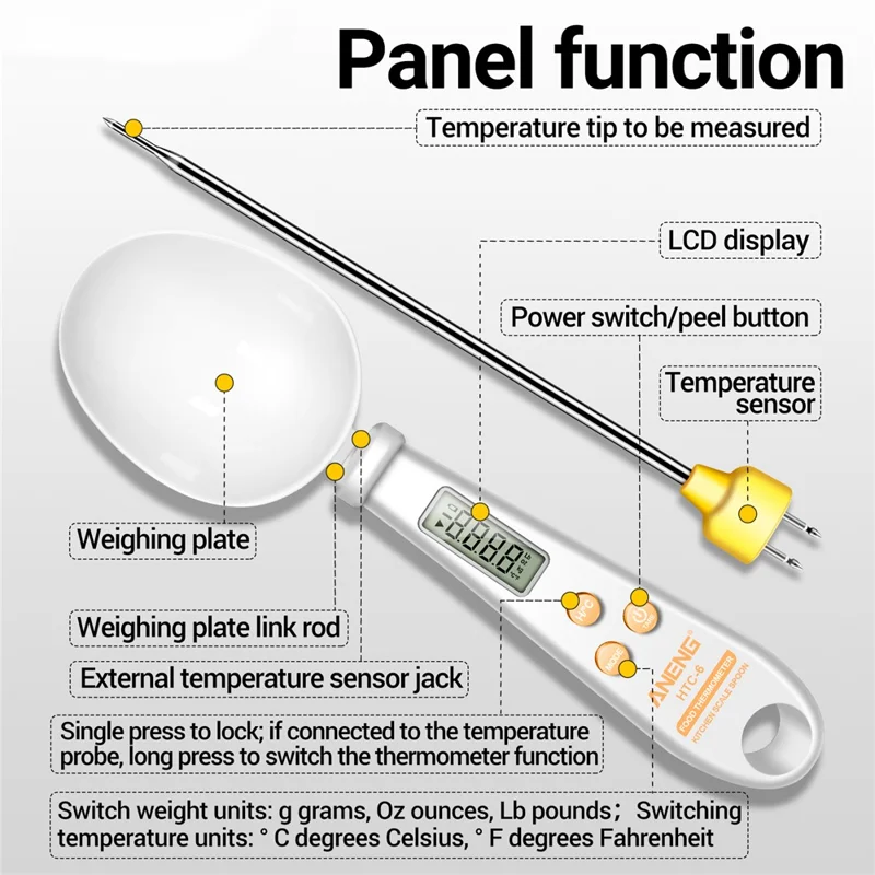 ANENG 2-in-1 ABS+Stainless Steel Digital Display Electronic Kitchen Thermometer Food Weight Measuring Spoon - White