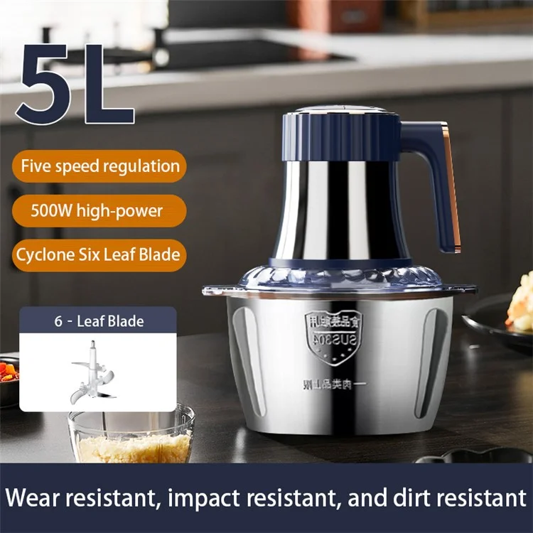 Electric Meat Grinder 5 Speeds Stainless Steel Food Chopper with 5L Bowl Container (BPA Free, No FDA Certificate) - Dark Blue / UK Plug