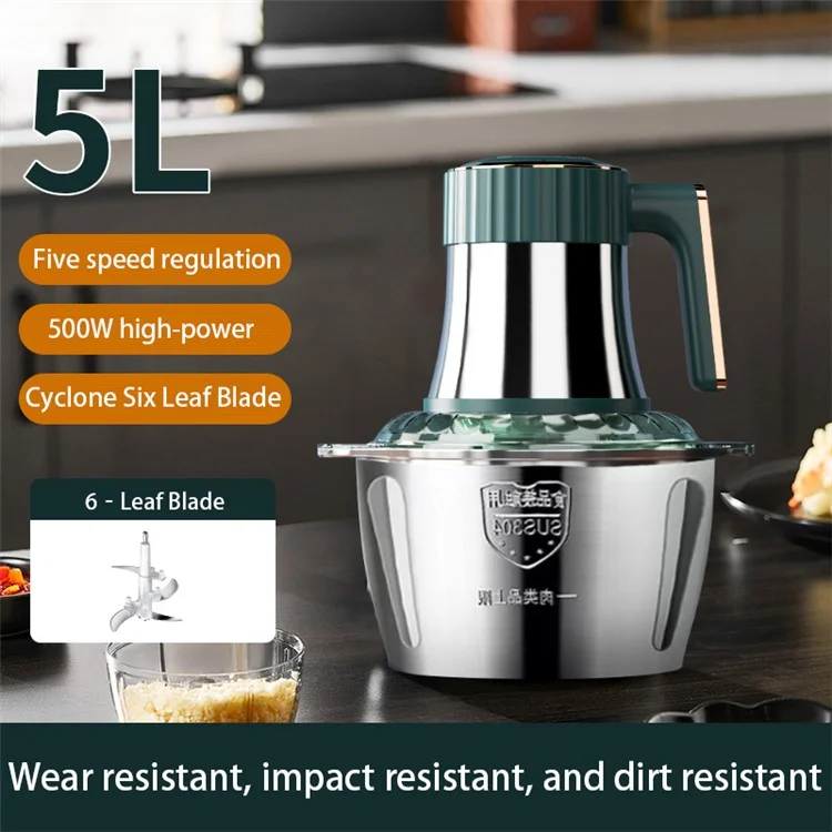 Picadora de carne eléctrica de 5 velocidades de acero inoxidable, picadora de alimentos con recipiente de 5 L (libre de BPA, sin certificado FDA) - Verde oscuro / Enchufe estadounidense
