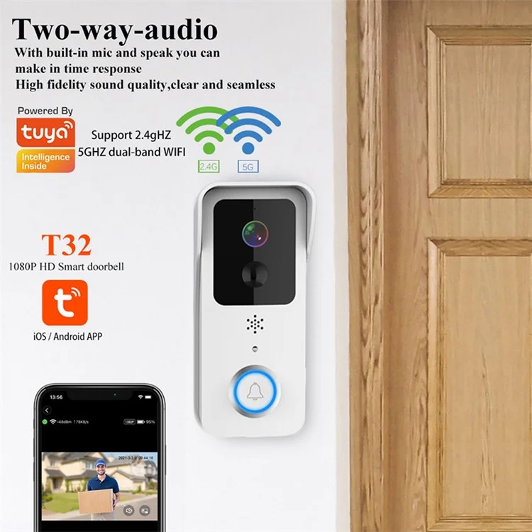 T32 Tuya App 2.4g / 5G WiFi 1080p Video Viewling Visor Wireless Voice Intercom Security Door Bell - Blanco