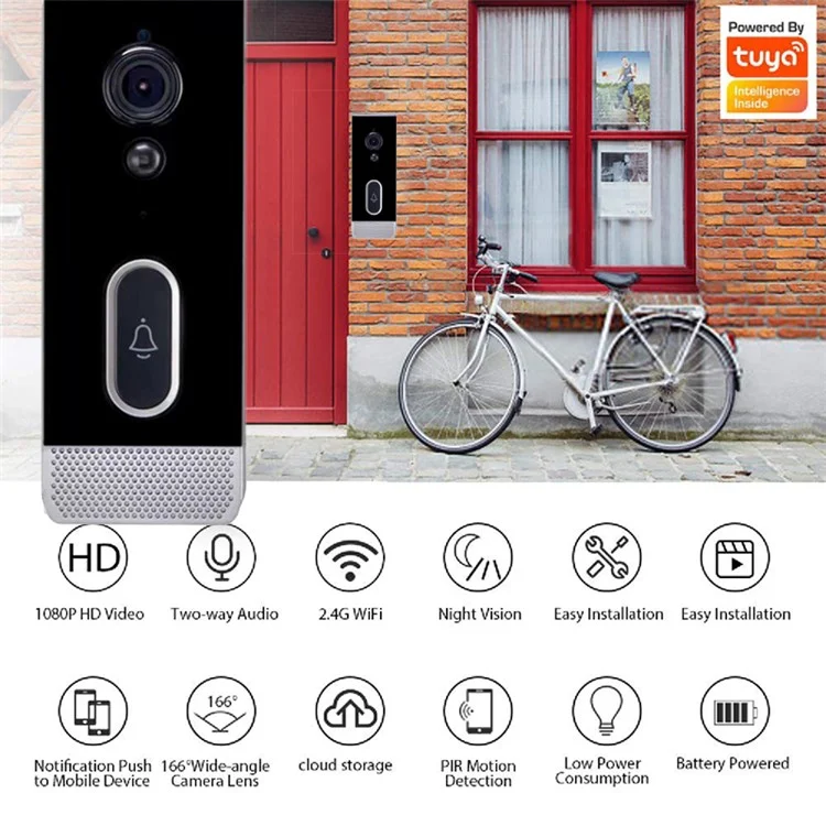 T205 Tuya Intelligent Low Power Wireless Visual Doorbell PIR Motion Detection Two-Way Talk 2.4GHz WiFi Doorbell - Black