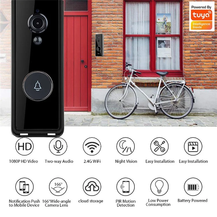 Timbre visual inteligente para gato Tuya T206 2.4GHz WiFi con batería, compatible con detección de movimiento PIR, modo día/noche