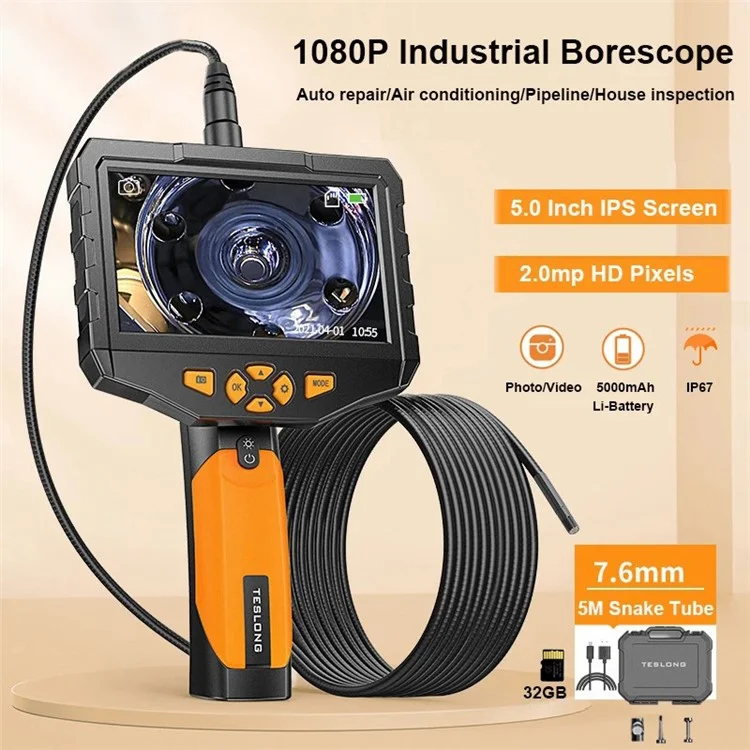 TESLONG NTS300 Endoscope d'inspection de tuyaux avec écran de 5,0 pouces, objectif de 7,6 mm et résolution de 5 M
