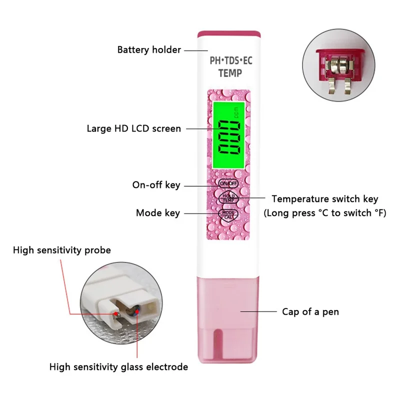 4-in-1 PH TDS EC TEMP Test Pen Portable Water Quality Monitor Tester - Blue