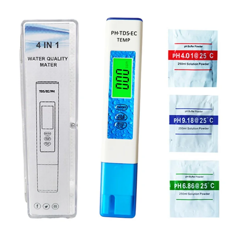 4-in-1 PH TDS EC TEMP Test Pen Portable Water Quality Monitor Tester - Blue