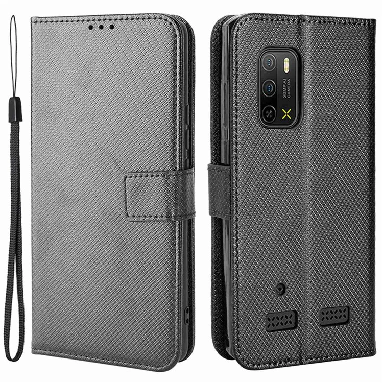 Pour Ulefone Armor X10 4G/X10 Pro 4G Diamond Texture Wallet Case PU Leather Folding Stand Magnetic Shockproof Protection Cover with Strap - Black