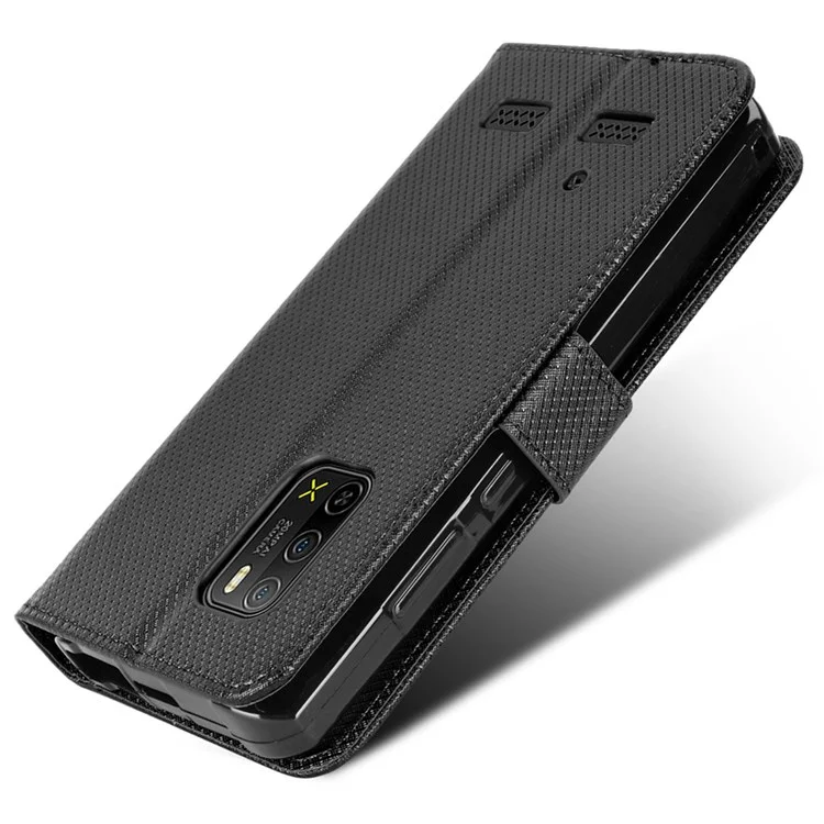 Pour Ulefone Armor X10 4G/X10 Pro 4G Diamond Texture Wallet Case PU Leather Folding Stand Magnetic Shockproof Protection Cover with Strap - Black