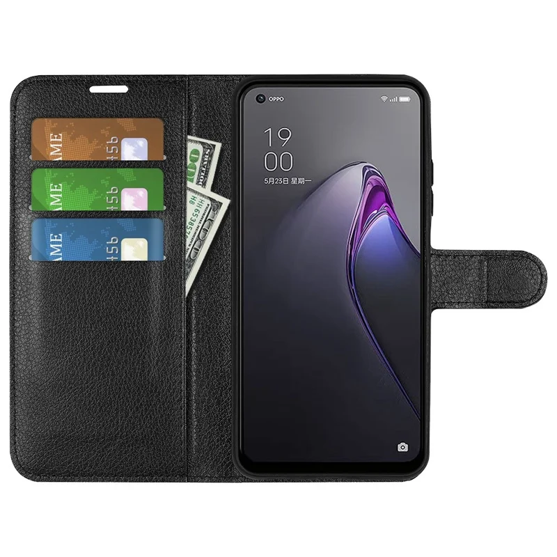 Litchi-Struktur-Handyhülle für Oppo Reno8 5G (Globale Version) / Reno8 5G, faltbarer Ständer, Anti-Kratzer, PU-Leder-Brieftasche, stoßfeste Handyhülle - Schwarz