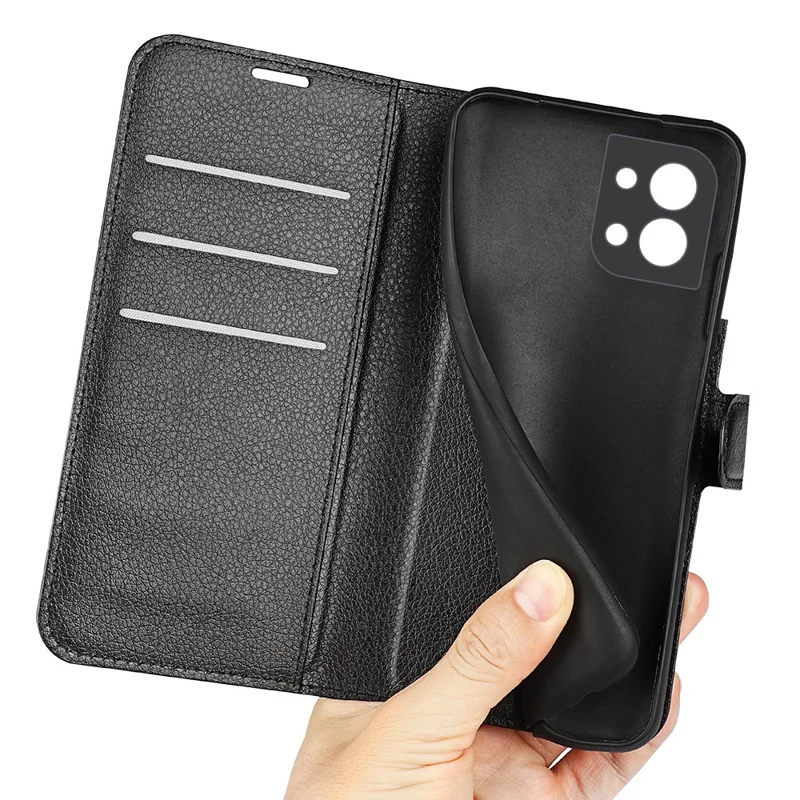 Litchi-Struktur-Handyhülle für Oppo Reno8 5G (Globale Version) / Reno8 5G, faltbarer Ständer, Anti-Kratzer, PU-Leder-Brieftasche, stoßfeste Handyhülle - Schwarz