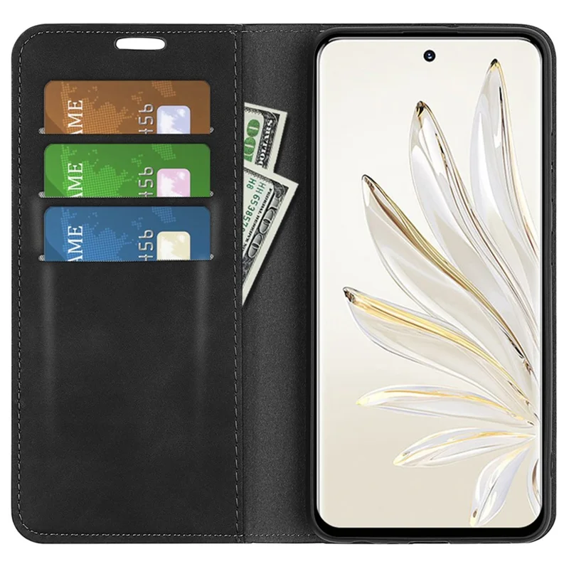 For Honor 70 5G Skin-Touch Feeling PU Leather Case Magnetic Auto-Absorbed Stand Shockproof TPU Flip Wallet Protective Cover - Black