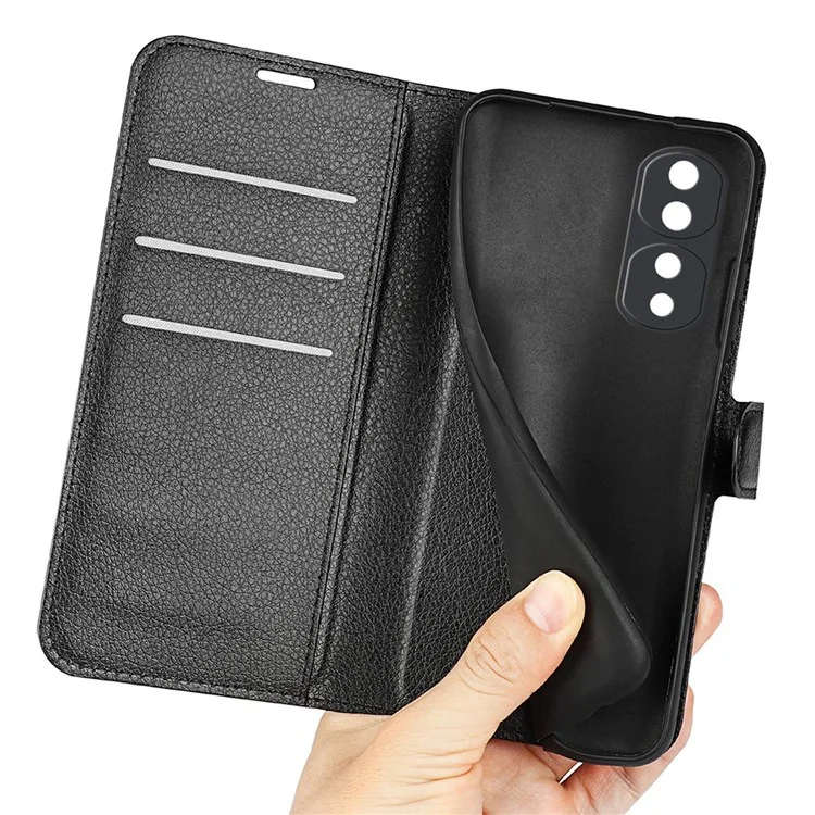 Pour Honor 70 5G Litchi Texture Wallet Case PU Leather Stand Shockproof TPU Inner Shell Flip Folio Cover - Noir