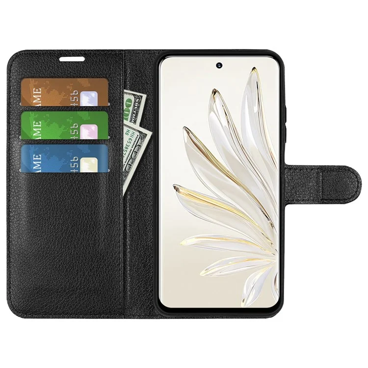 Pour Honor 70 5G Litchi Texture Wallet Case PU Leather Stand Shockproof TPU Inner Shell Flip Folio Cover - Noir