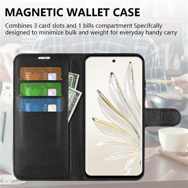 Pour Honor 70 5G Litchi Texture Wallet Case PU Leather Stand Shockproof TPU Inner Shell Flip Folio Cover - Noir