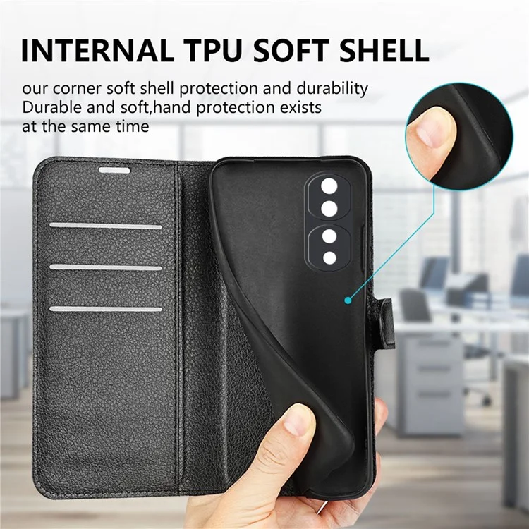 Pour Honor 70 5G Litchi Texture Wallet Case PU Leather Stand Shockproof TPU Inner Shell Flip Folio Cover - Noir