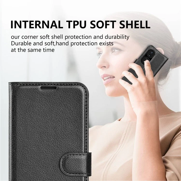 Pour Honor 70 5G Litchi Texture Wallet Case PU Leather Stand Shockproof TPU Inner Shell Flip Folio Cover - Noir
