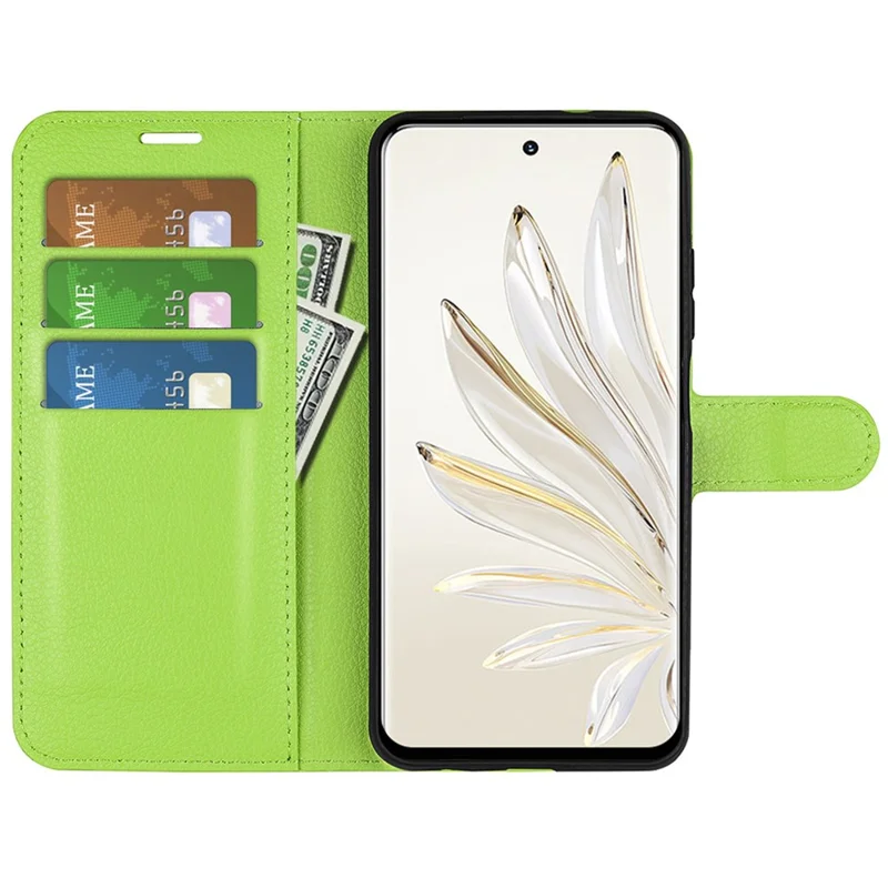 For Honor 70 5G Litchi Texture Wallet Case PU Leather Stand Shockproof TPU Inner Shell Flip Folio Cover - Green