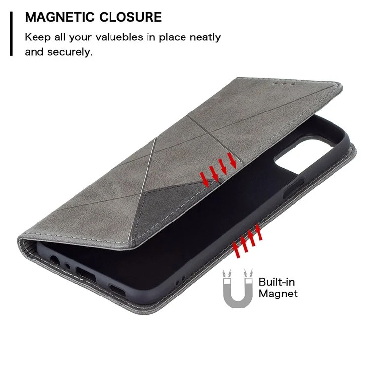 BF Imprinting Pattern Series-1 for LG K42 Imprinted Geometric PU Leather Case Hidden Magnetic Absorption Stand Feature Flip Cover with Card Holder - Grey