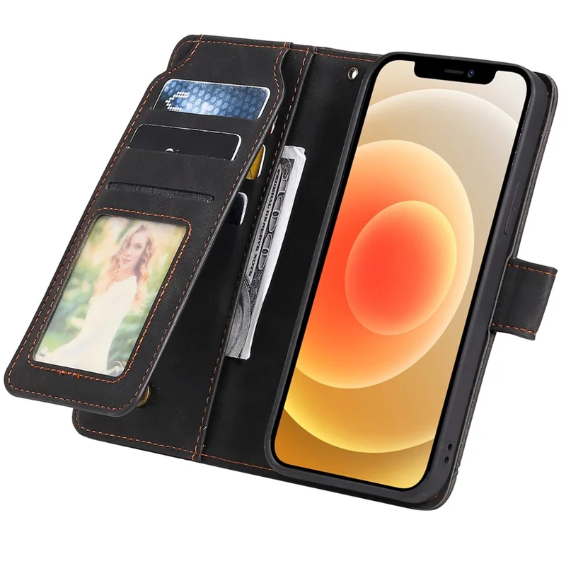 For iPhone 12/12 Pro 6.1 inch Folio Flip PU Leather Stand Cover Imprinted Cellphone Case with Multiple Card Slots and Cash Pocket - Black