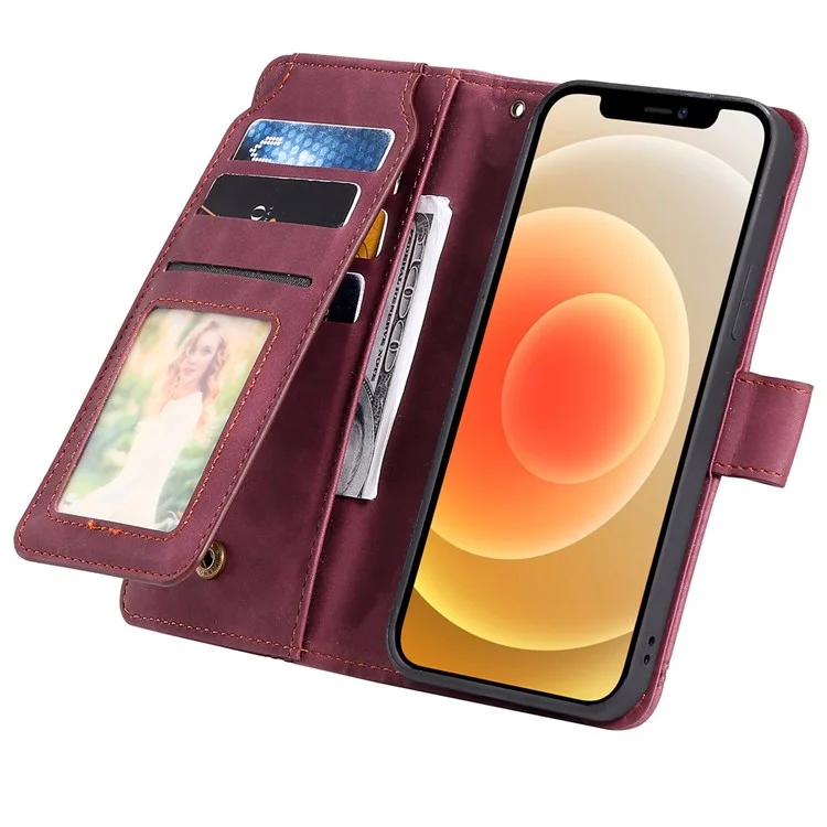 Für Das Iphone 12 Pro Max 6,7 Zoll Bump Proof PU Leder -ständer Cover Geprägtes Handy -handy Mit Mehreren Kartensteckplätzen Und Bargeldentasche - Rot