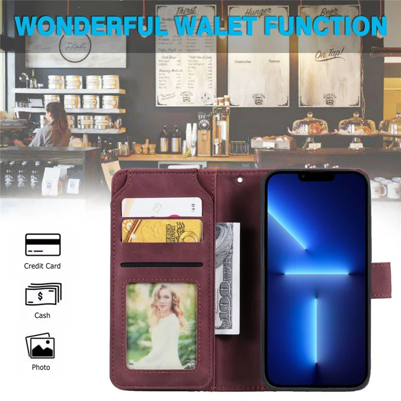 For iPhone 13 Pro 6.1 inch Drop Resistant Imprinted PU Leather Stand Cover with Multiple Card Slots and Cash Pocket - Red