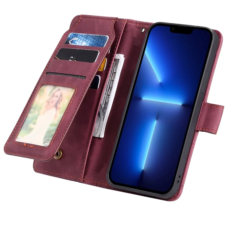 For iPhone 13 Pro 6.1 inch Drop Resistant Imprinted PU Leather Stand Cover with Multiple Card Slots and Cash Pocket - Red