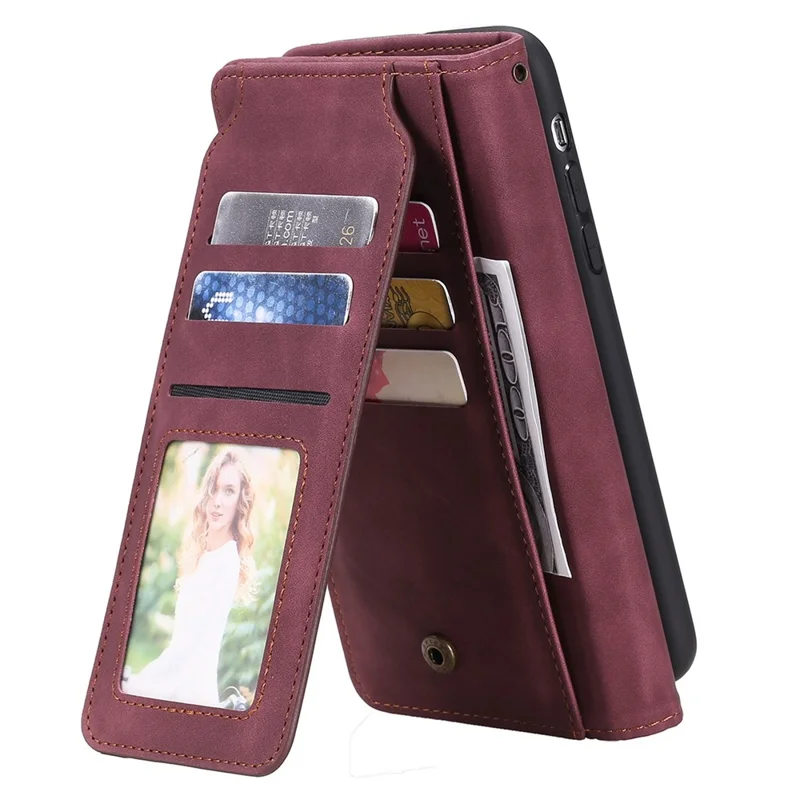 For iPhone 13 Pro 6.1 inch Drop Resistant Imprinted PU Leather Stand Cover with Multiple Card Slots and Cash Pocket - Red