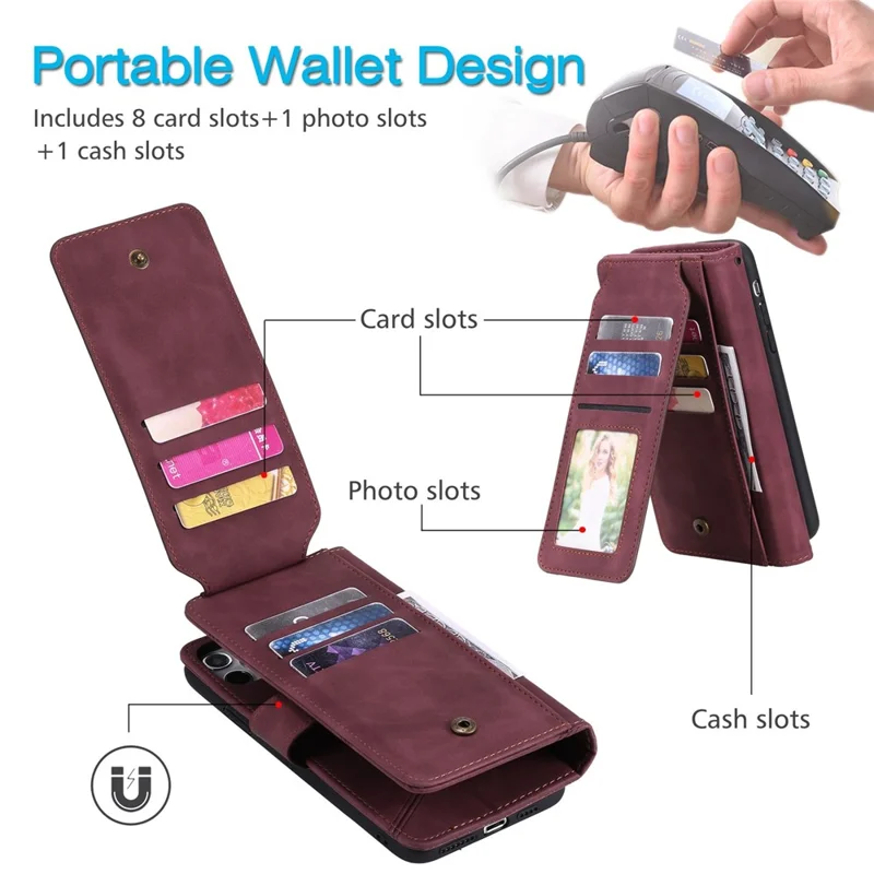 For iPhone 13 Pro 6.1 inch Drop Resistant Imprinted PU Leather Stand Cover with Multiple Card Slots and Cash Pocket - Red