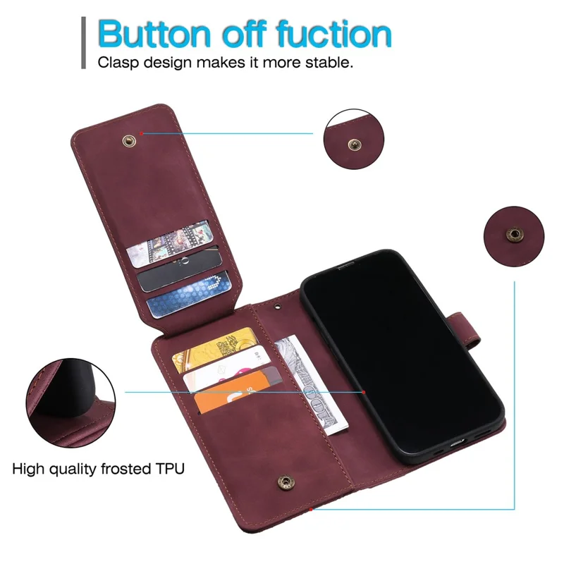 For iPhone 13 Pro 6.1 inch Drop Resistant Imprinted PU Leather Stand Cover with Multiple Card Slots and Cash Pocket - Red