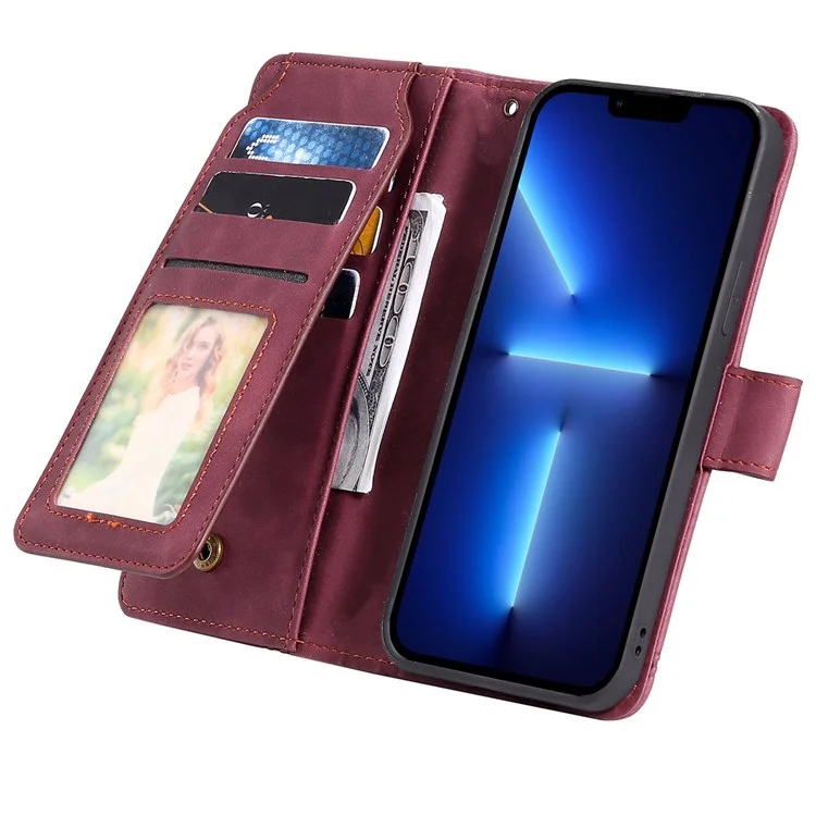 For iPhone 13 Pro Max 6.7 inch Anti-fall Protection Imprinted PU Leather Stand Cover with Multiple Card Slots and Cash Pocket - Red