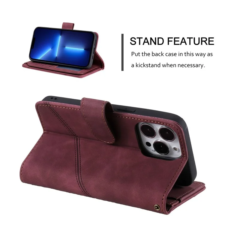 For iPhone 13 Pro Max 6.7 inch Anti-fall Protection Imprinted PU Leather Stand Cover with Multiple Card Slots and Cash Pocket - Red