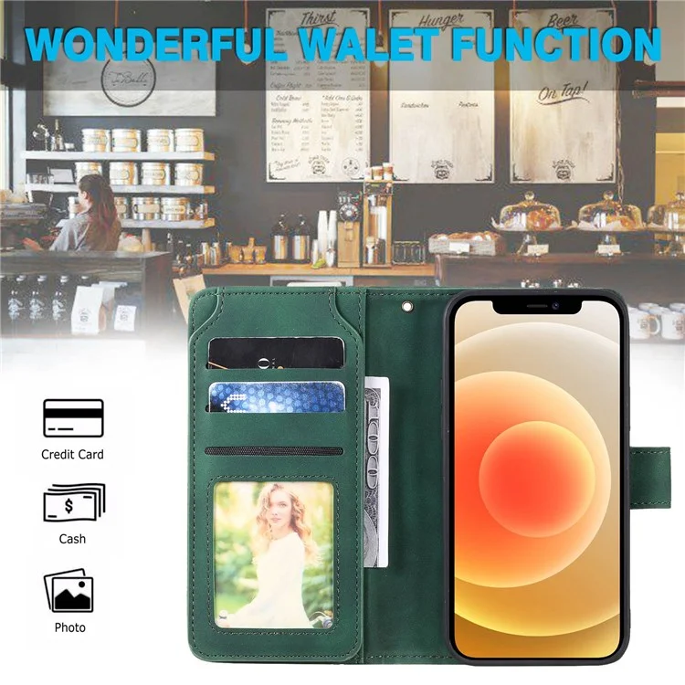 For iPhone 12 mini 5.4 inch PU Leather Stand Cover Imprinted Cellphone Case with Multiple Card Slots and Cash Pocket - Green
