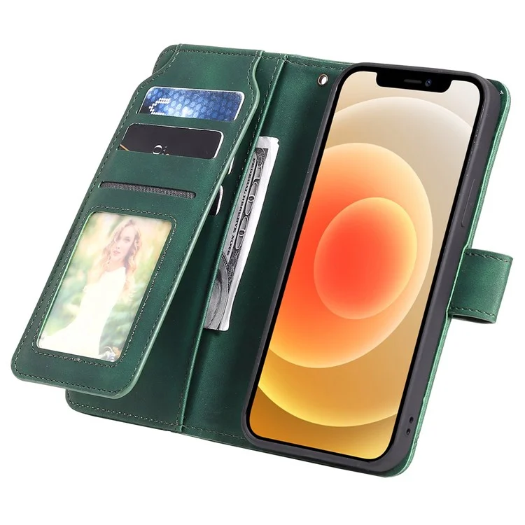 For iPhone 12 mini 5.4 inch PU Leather Stand Cover Imprinted Cellphone Case with Multiple Card Slots and Cash Pocket - Green