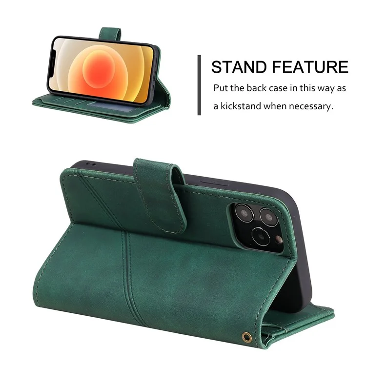For iPhone 12 mini 5.4 inch PU Leather Stand Cover Imprinted Cellphone Case with Multiple Card Slots and Cash Pocket - Green