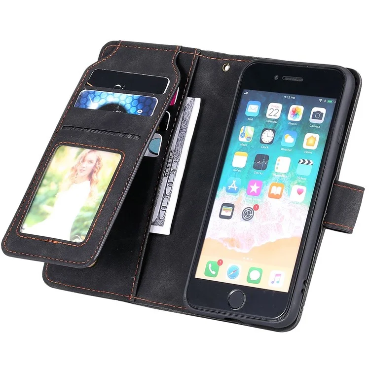Para iPhone 7/8/SE (2020)/SE (2022) Funda de piel de imitación con soporte y múltiples ranuras para tarjetas y bolsillo para efectivo, protección anti-caídas - Negro