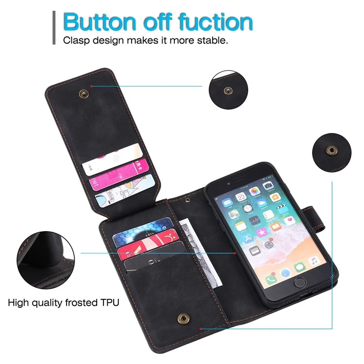 Para iPhone 7/8/SE (2020)/SE (2022) Funda de piel de imitación con soporte y múltiples ranuras para tarjetas y bolsillo para efectivo, protección anti-caídas - Negro