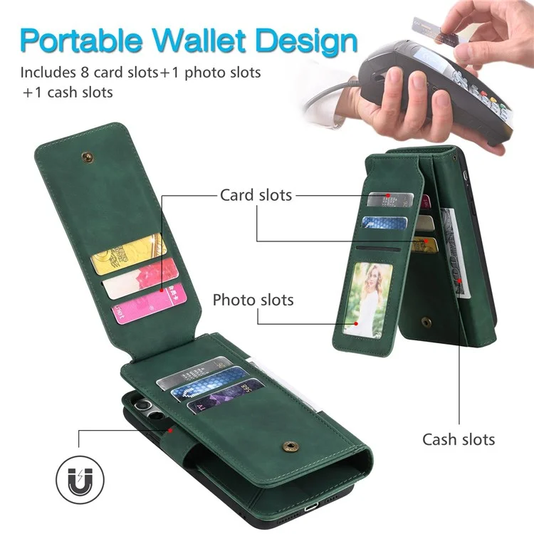Para Iphone 13 Mini de 5.4 Pulgadas Magnetic Telephip Case de Cuero Impreso Con Múltiples Ranuras Para Tarjetas y Bolsillo en Efectivo - Verde