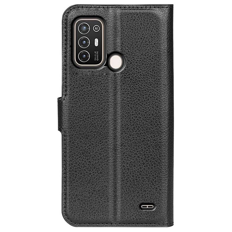 Pour ZTE Blade A52 Anti-rayures Litchi Texture Étui Portefeuille en Cuir PU Stand TPU Coquille Intérieure Anti-chute Flip Folio Cover - Noir