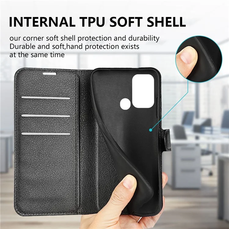 Pour ZTE Blade A52 Anti-rayures Litchi Texture Étui Portefeuille en Cuir PU Stand TPU Coquille Intérieure Anti-chute Flip Folio Cover - Noir