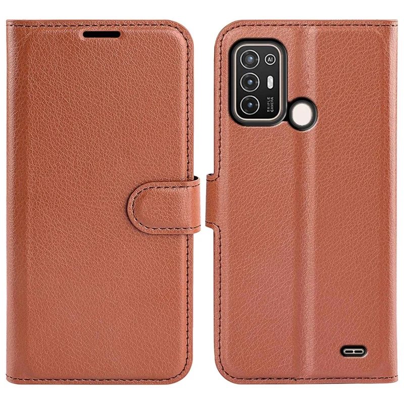 For ZTE Blade A52 Anti-scratch Litchi Texture Wallet Case PU Leather Stand TPU Inner Shell Drop-proof Flip Folio Cover - Brown