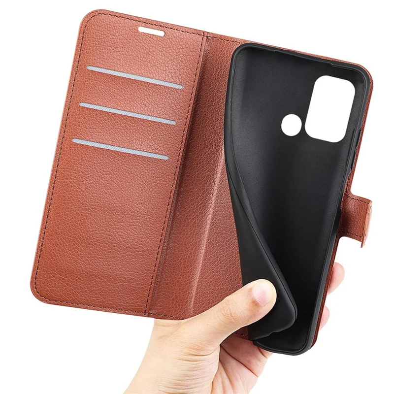 For ZTE Blade A52 Anti-scratch Litchi Texture Wallet Case PU Leather Stand TPU Inner Shell Drop-proof Flip Folio Cover - Brown