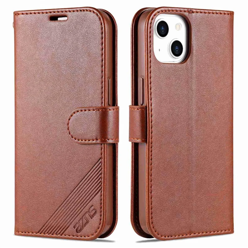 AZNS For iPhone 14 6.1 inch Shockproof PU Leather Flip Wallet Case Magnetic Closure Phone Cover Stand - Brown