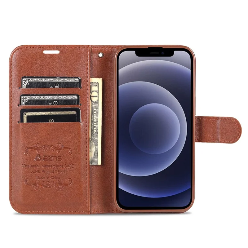AZNS For iPhone 14 6.1 inch Shockproof PU Leather Flip Wallet Case Magnetic Closure Phone Cover Stand - Brown