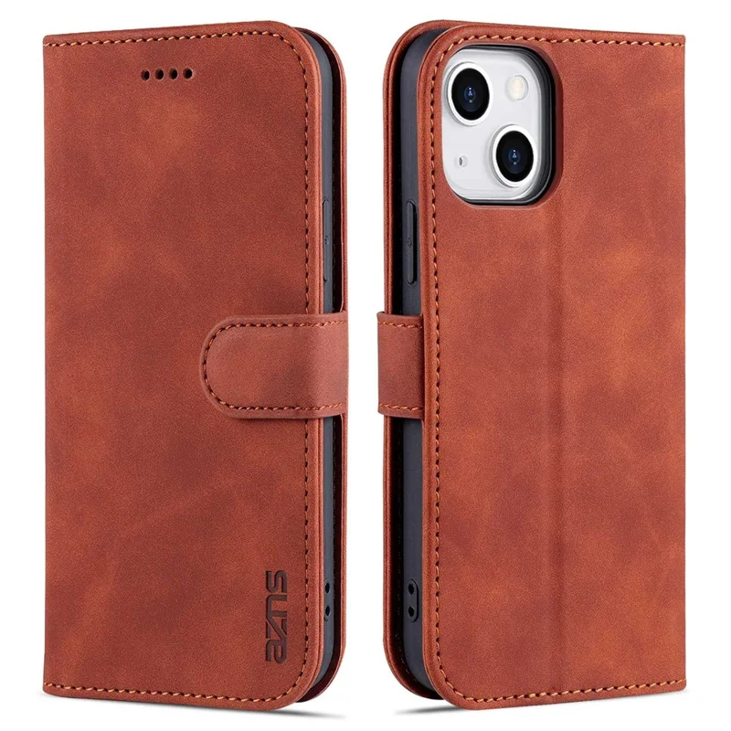 AZNS Phone Case for iPhone 14 Plus 6.7 inch, PU Leather TPU Shockproof Wear-resistant Wallet Stand Protective Cover - Brown