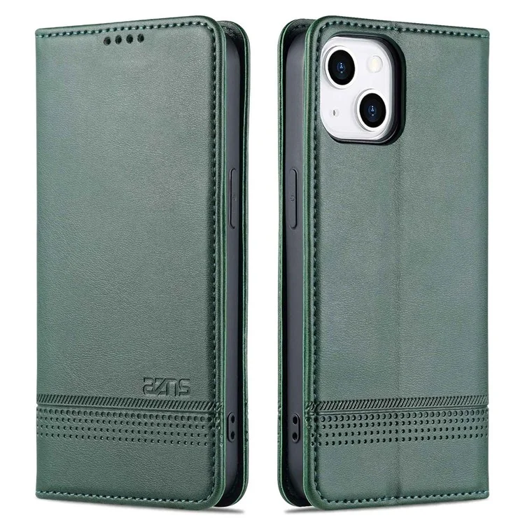 AZNS Anti-drop Phone Case for iPhone 14 6.1 inch PU Leather Folio Cover Wallet Style Magnetic Absorption Protective Shell Viewing Stand - Green